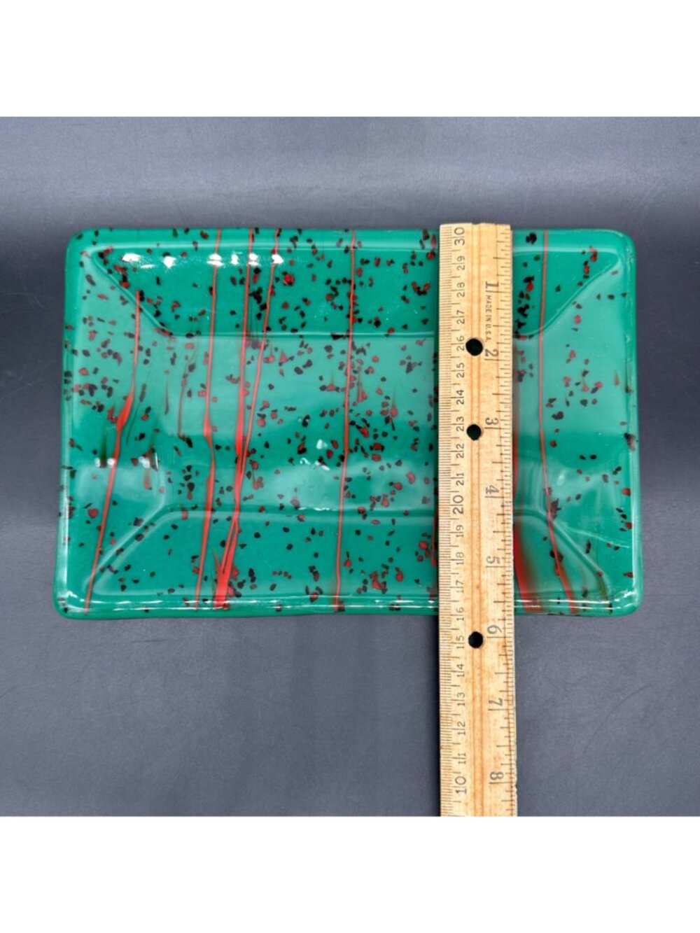 Fused Glass Tray Green Red Black Trinket Dish Plate Abstract Splatter Handmade - Picture 7 of 8